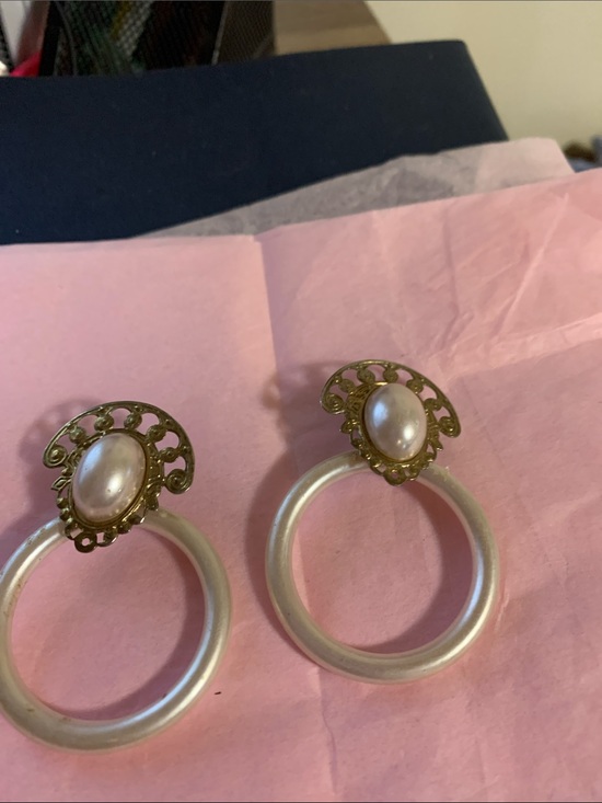 Jewelry - Gold-Tone Faux Pearl Cabochon Hoop Drop Earrings in Cream and Gold
